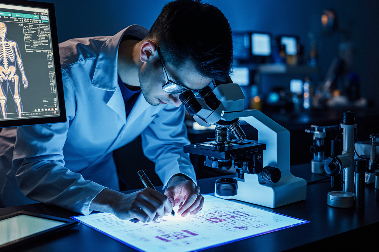 An employee in a medical gown and glasses develops an implant while looking through a magnifying glass